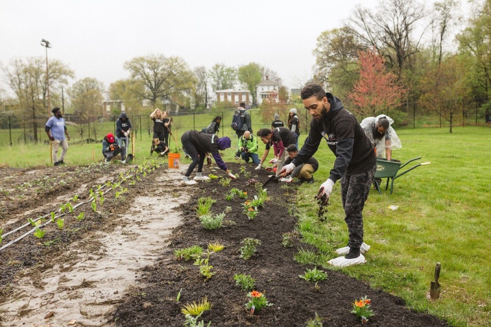 Volunteers planting in a neighborhood garden